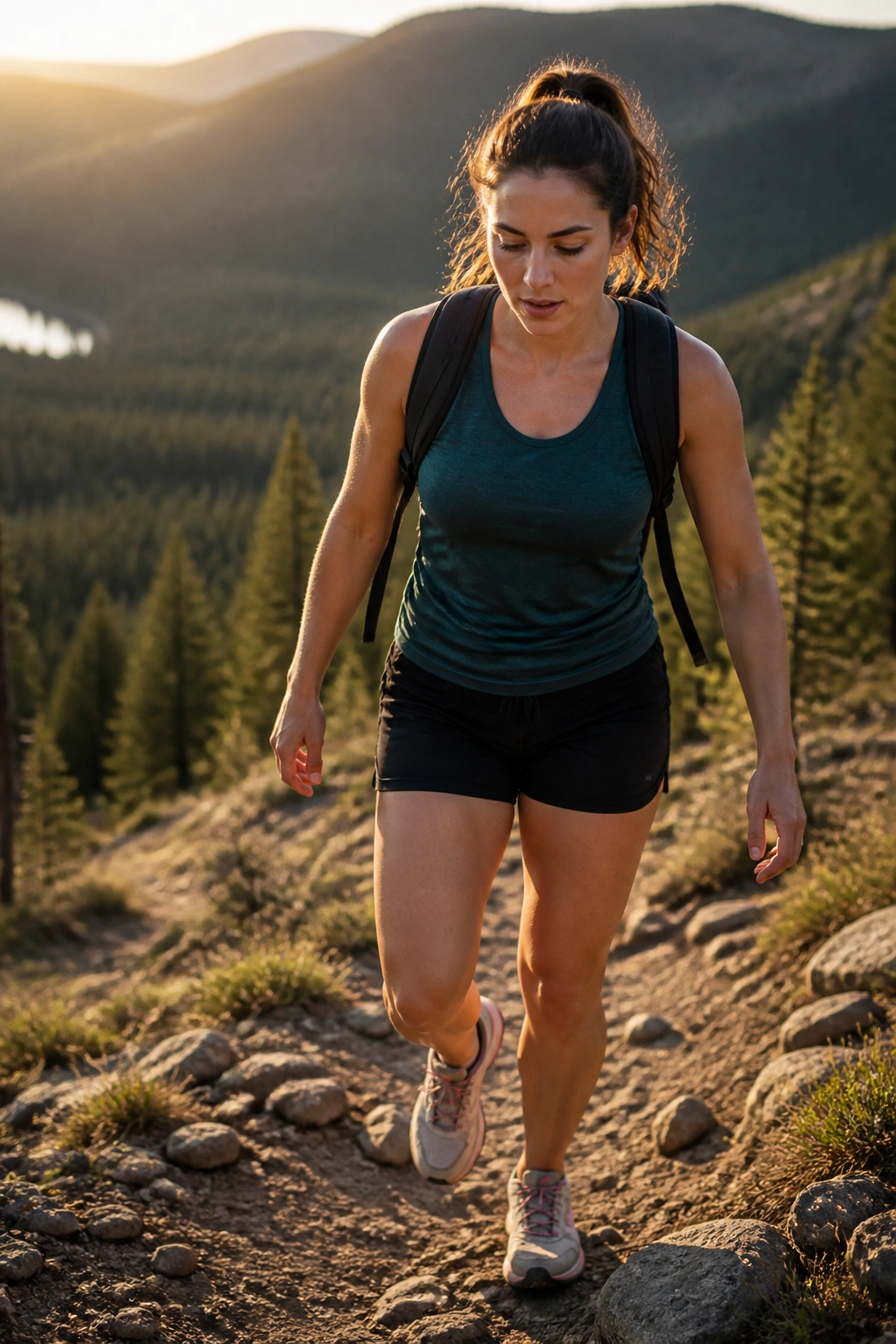 Person walking uphill on a hill during golden-hour light