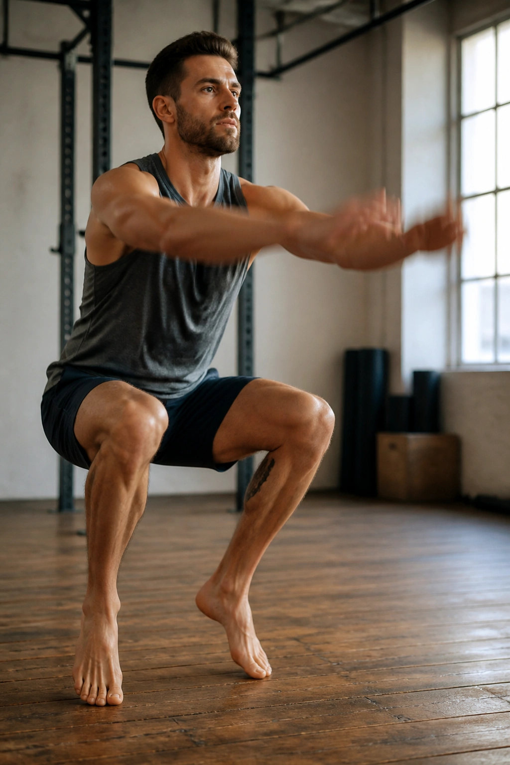 Real person performing Hindu squat with heels off floor in a gym setting.