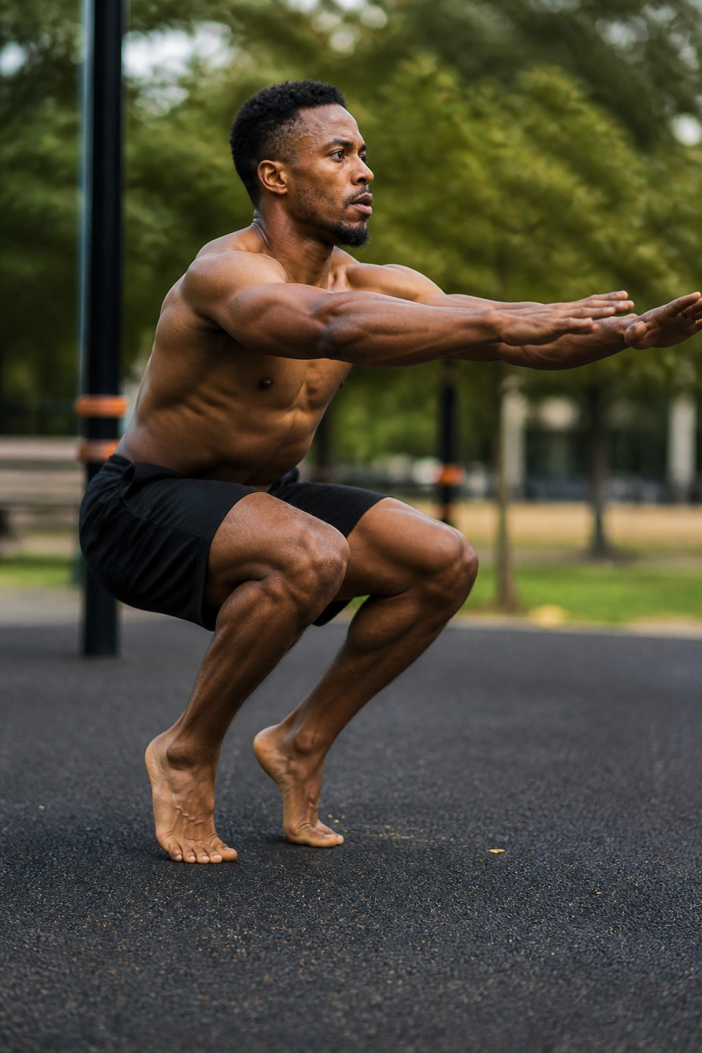 Real person performing Hindu squat with heels raised and arms swinging, in outdoor or gym setting.