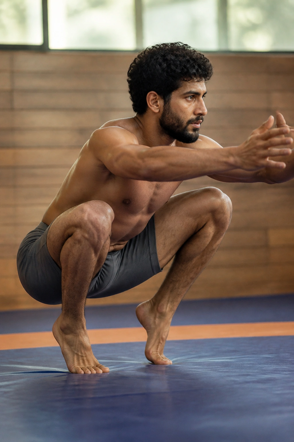 Athlete performing Hindu squat with heels lifted and knees driving forward