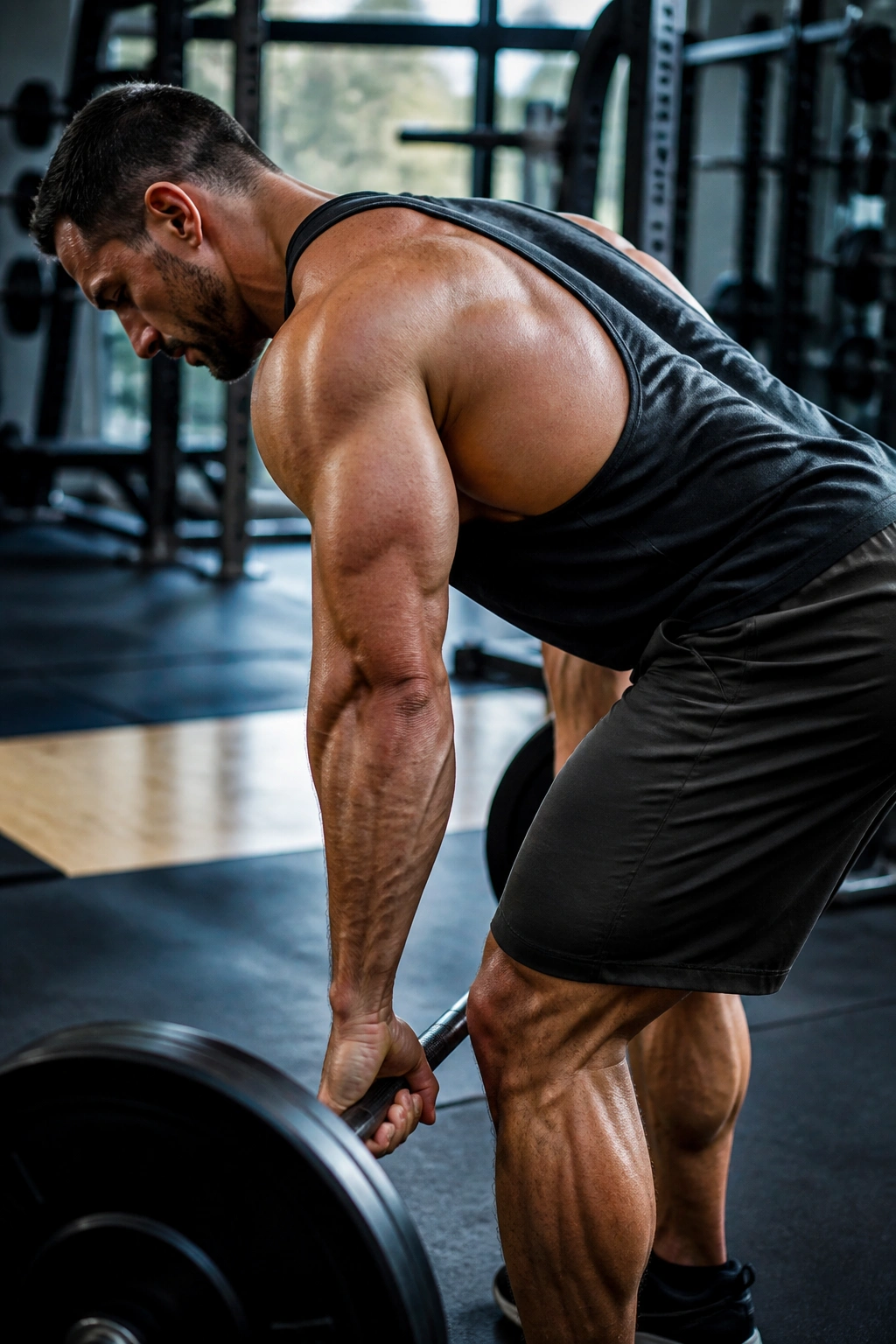 Close-up of lifter performing hinge back thickness workout in gym