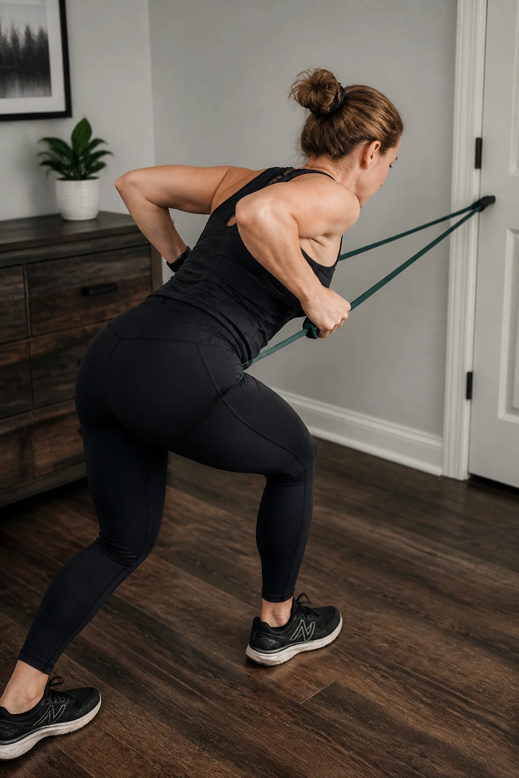 Person performing split-stance hinge and row pulses with resistance band at home