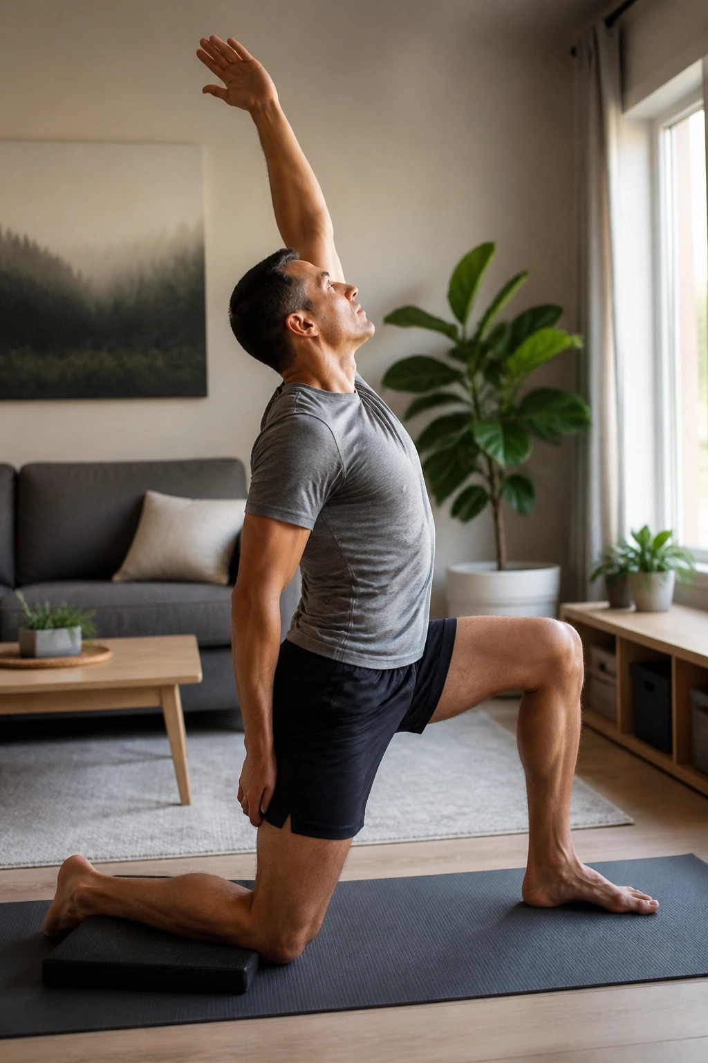 Profile of a person doing half-kneeling hip flexor stretch with reach