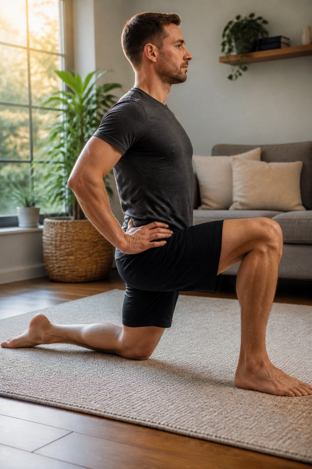Person in half-kneeling hip flexor stretch with pelvis tucked