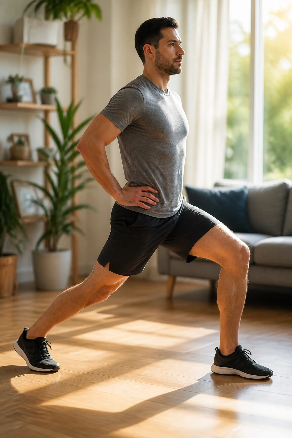 Close-up of a real person performing a standing hip flexor stretch in a sunlit living room