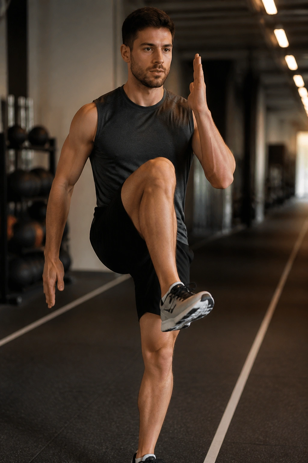 Real person performing a high-knee A-march drill indoors