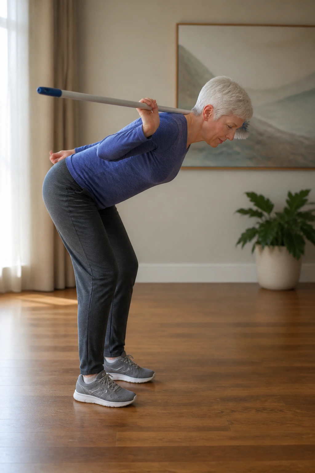 Real person performing hip hinge with a broom in a home setting.
