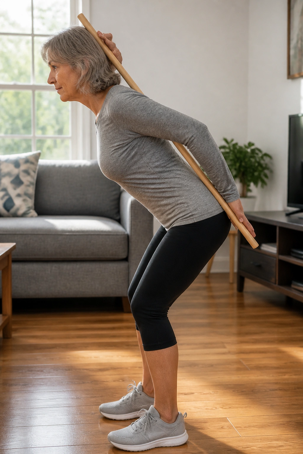 Person performing hip hinge with broomstick along spine in bright living room
