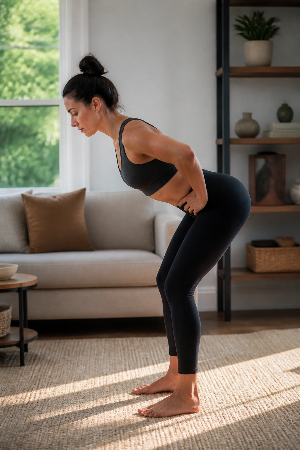 Person performing hip hinge with neutral spine at home.