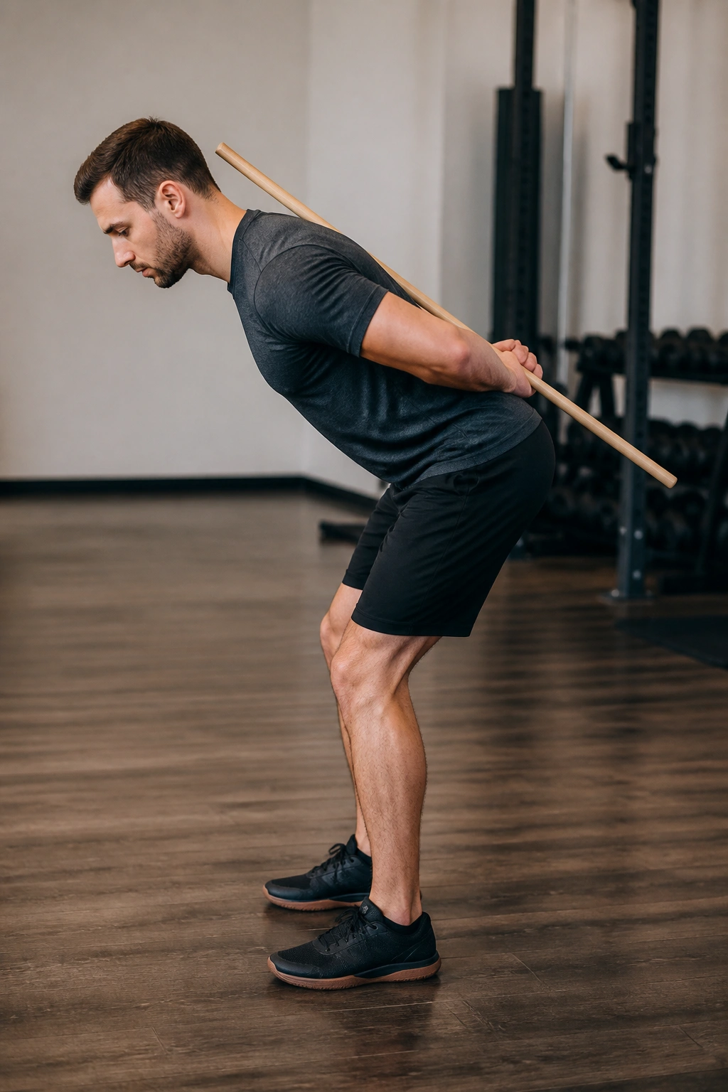 Real person performing hip hinge with dowel in gym