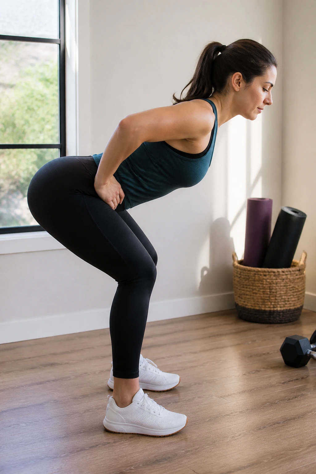 Side-profile of a person performing a hip hinge good mornings in a home gym