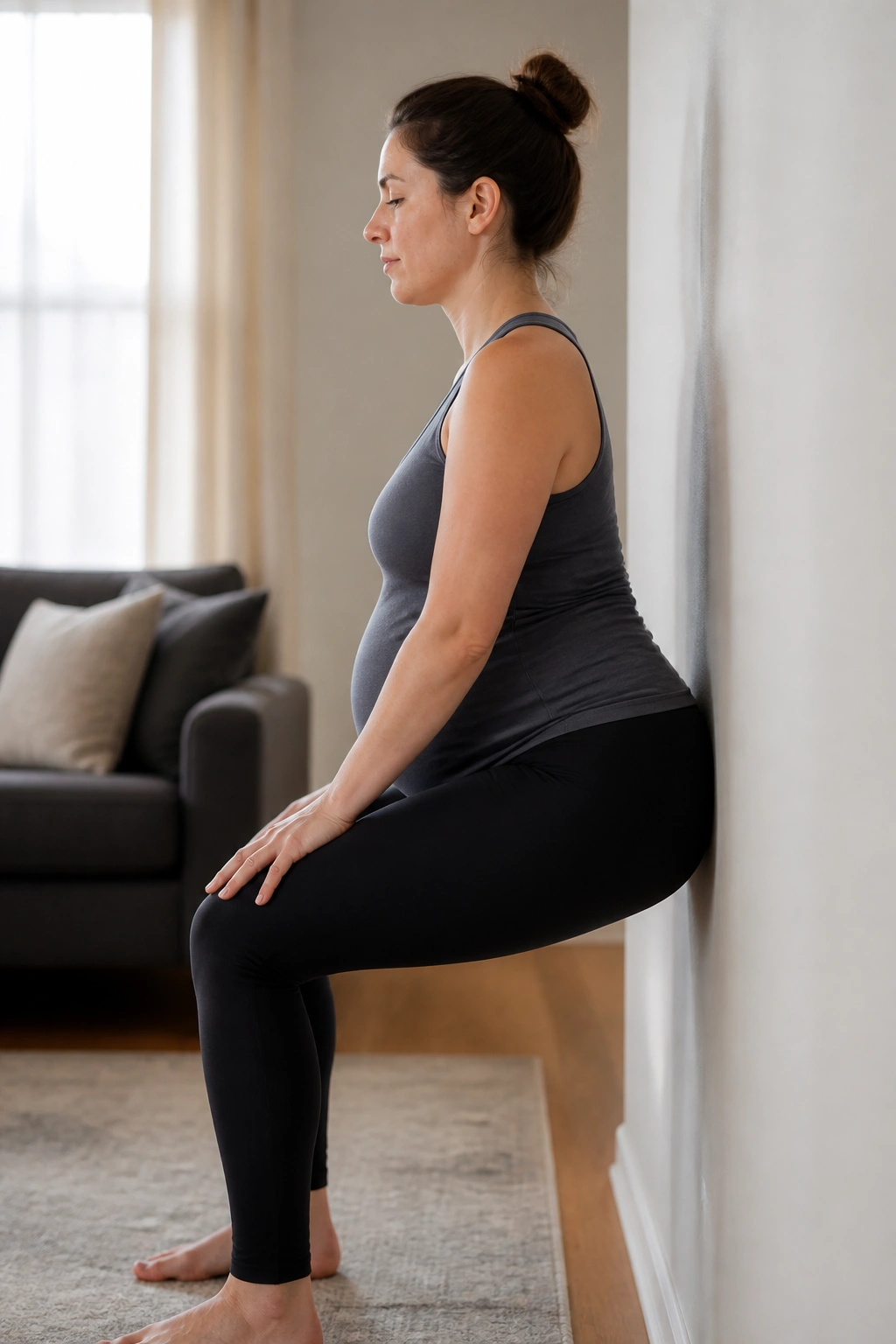 Profile shot of a person performing a hip hinge against a wall for diastasis recti training