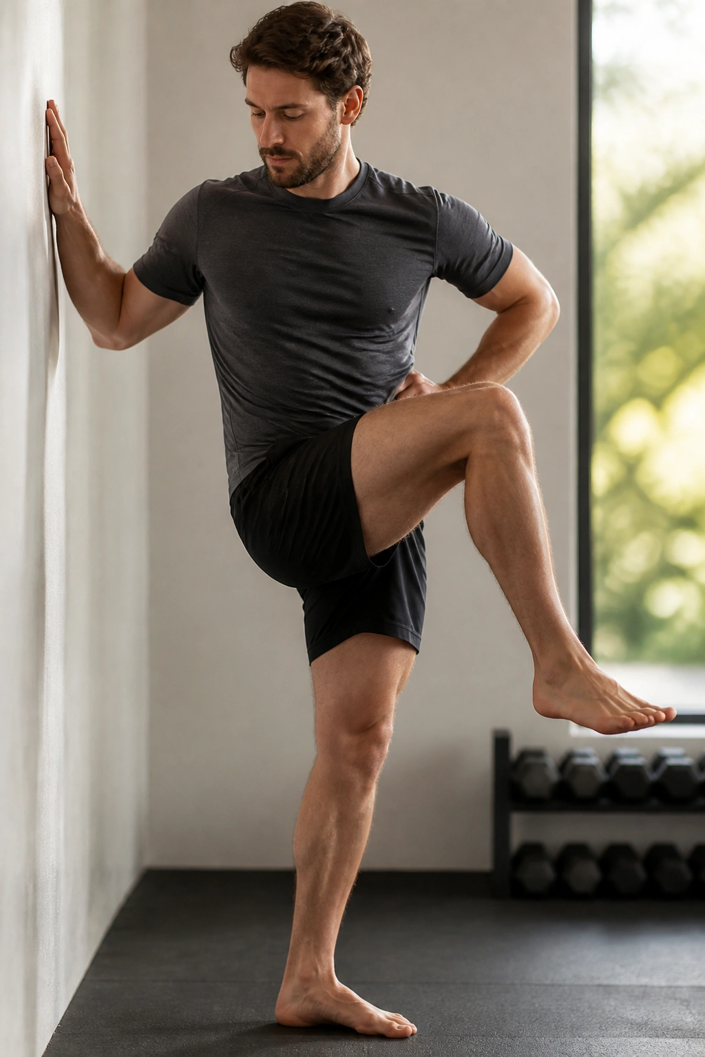 Real person performing hip CARs near a wall with controlled leg circle and still pelvis