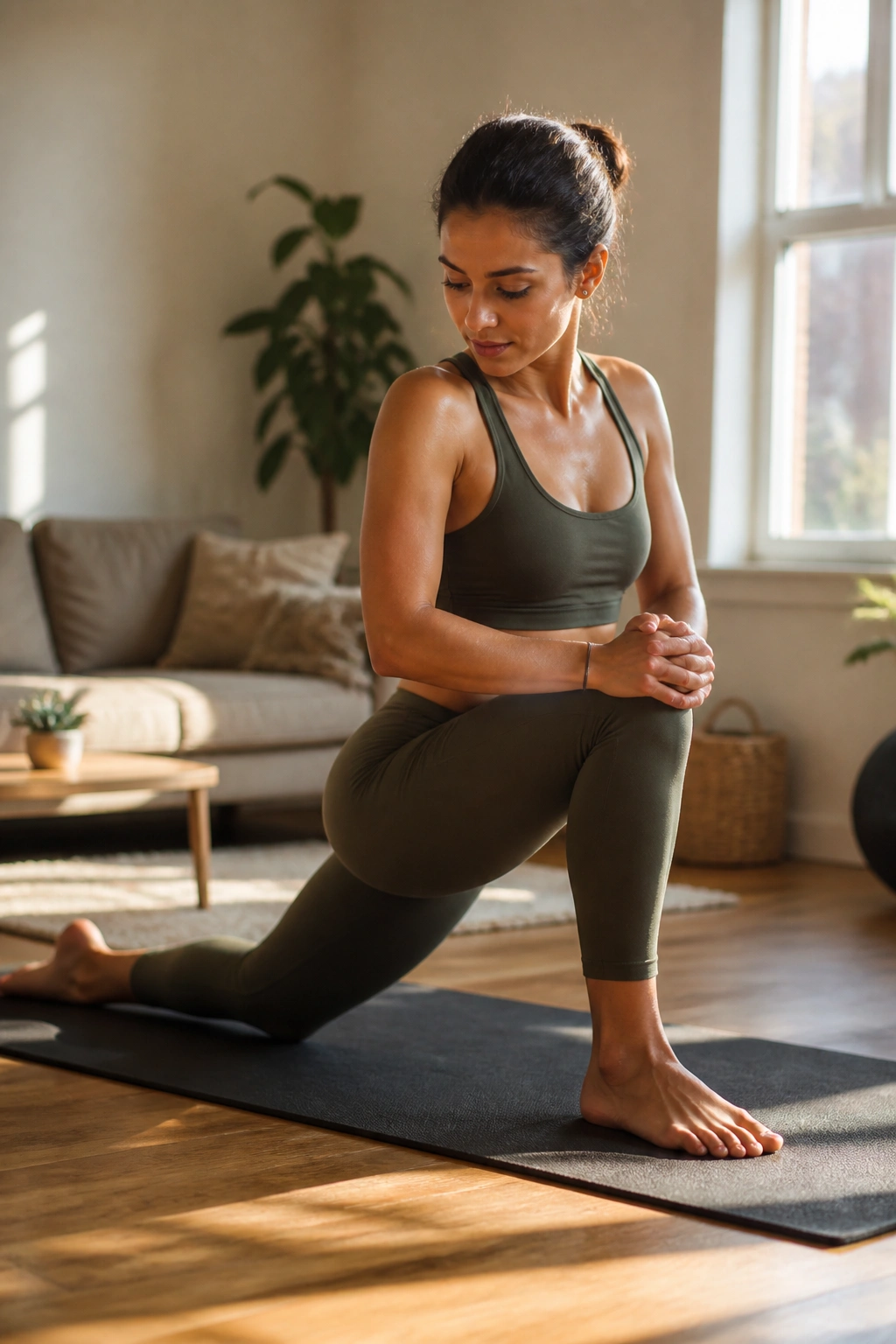 Person doing gentle hip mobility stretch on a mat in a sunlit living room