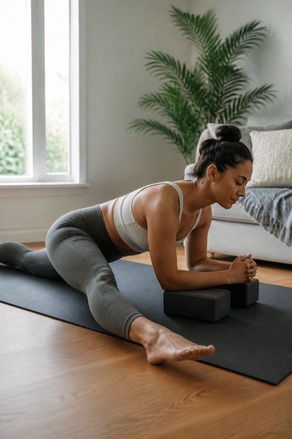 Person in lizard pose on yoga mat with blocks