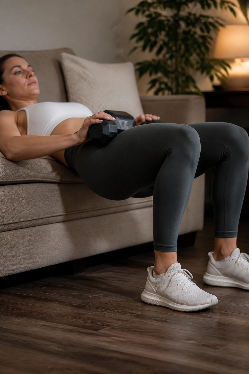 Hips thrust on the edge of a couch performing glute work