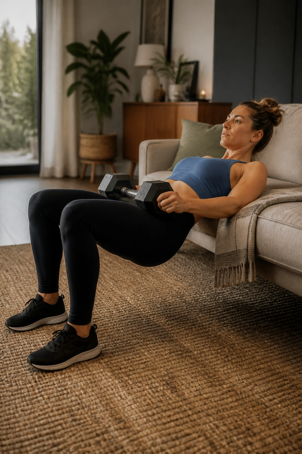 Person performing couch hip thrust in a living room