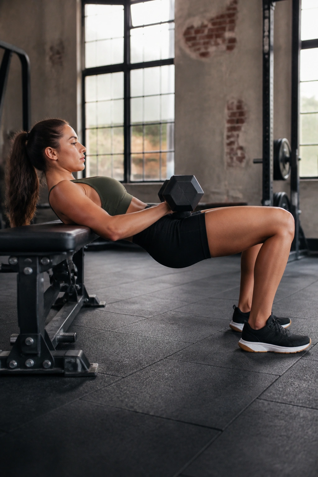 Hip thrust on a bench with dumbbell across hips in a gym.
