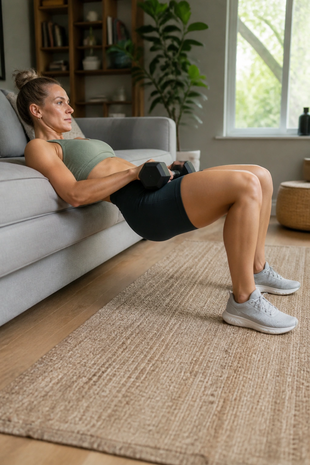 Dumbbell hip thrust performed on a sofa setup in a living room