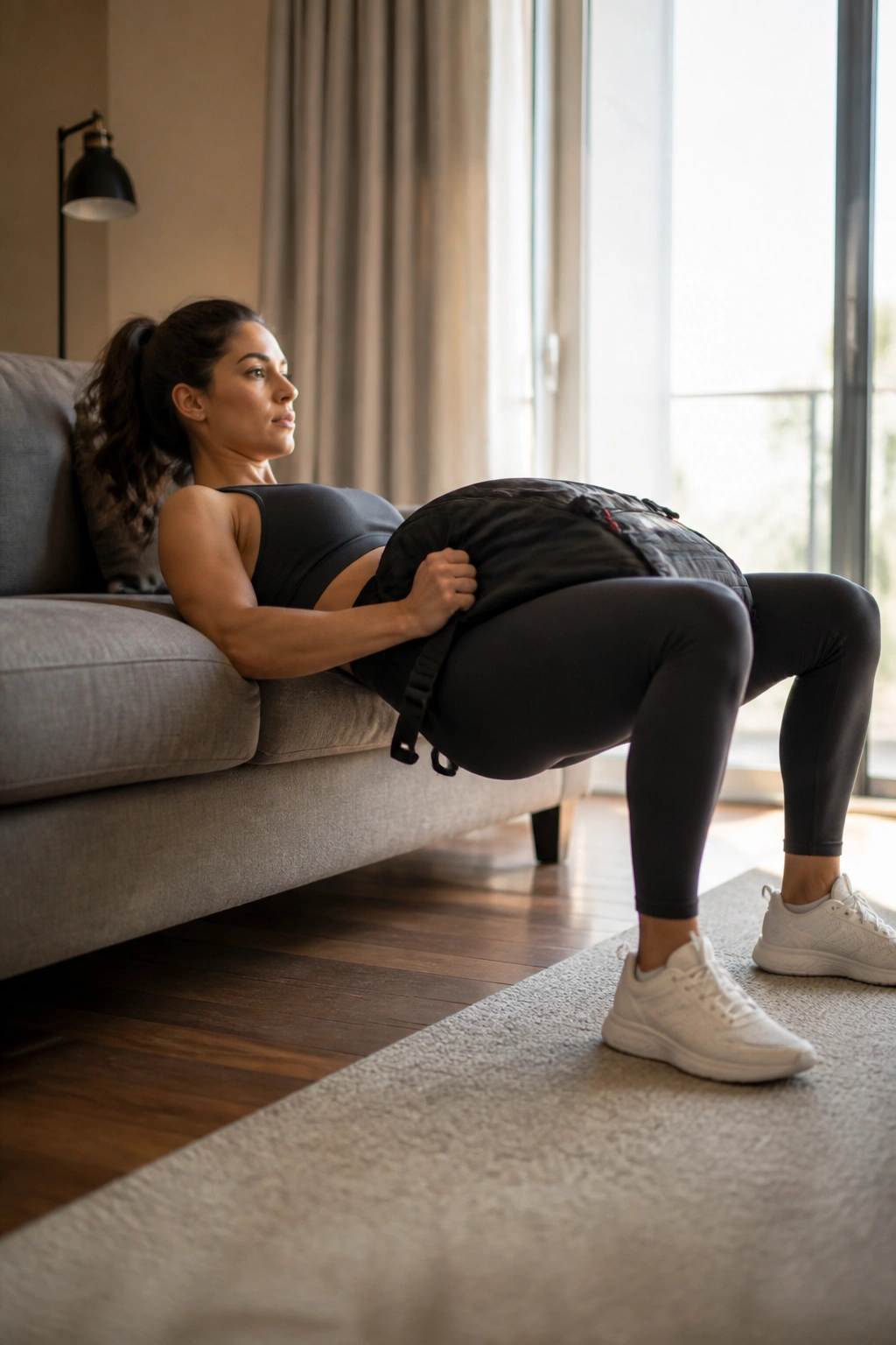 Close-up of hip thrust showing glute squeeze on a home bench setup.