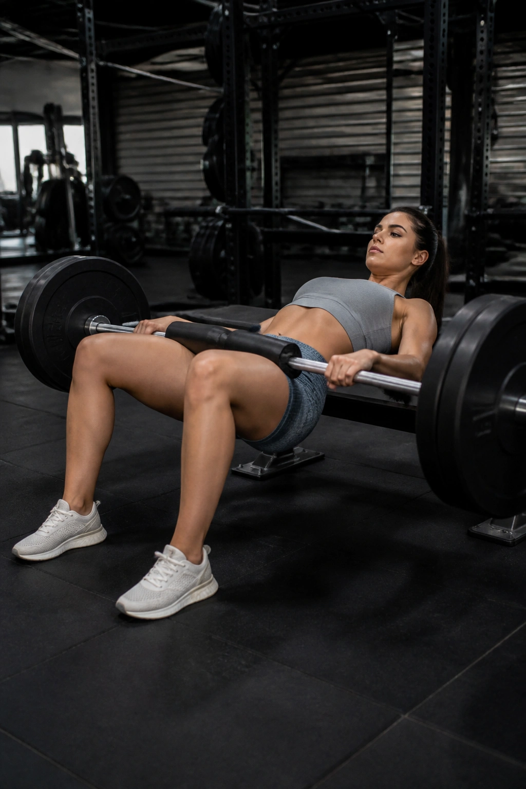 Lifter performing weighted barbell hip thrust on bench in a gym