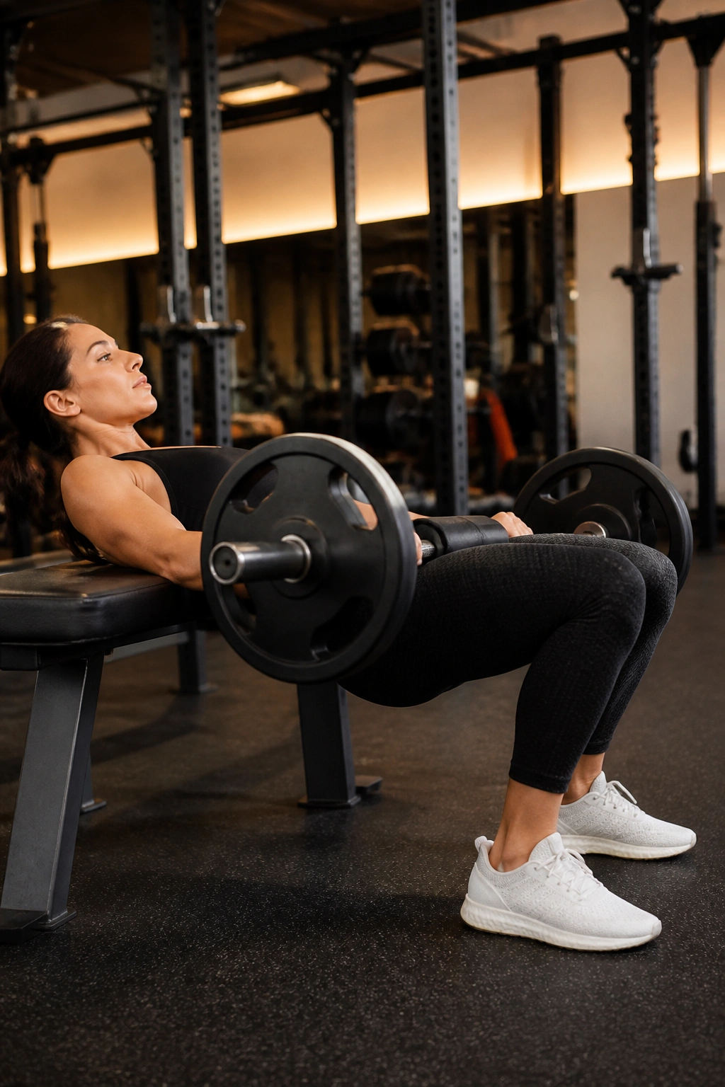 Close-up side view of hip thrust on bench with barbell