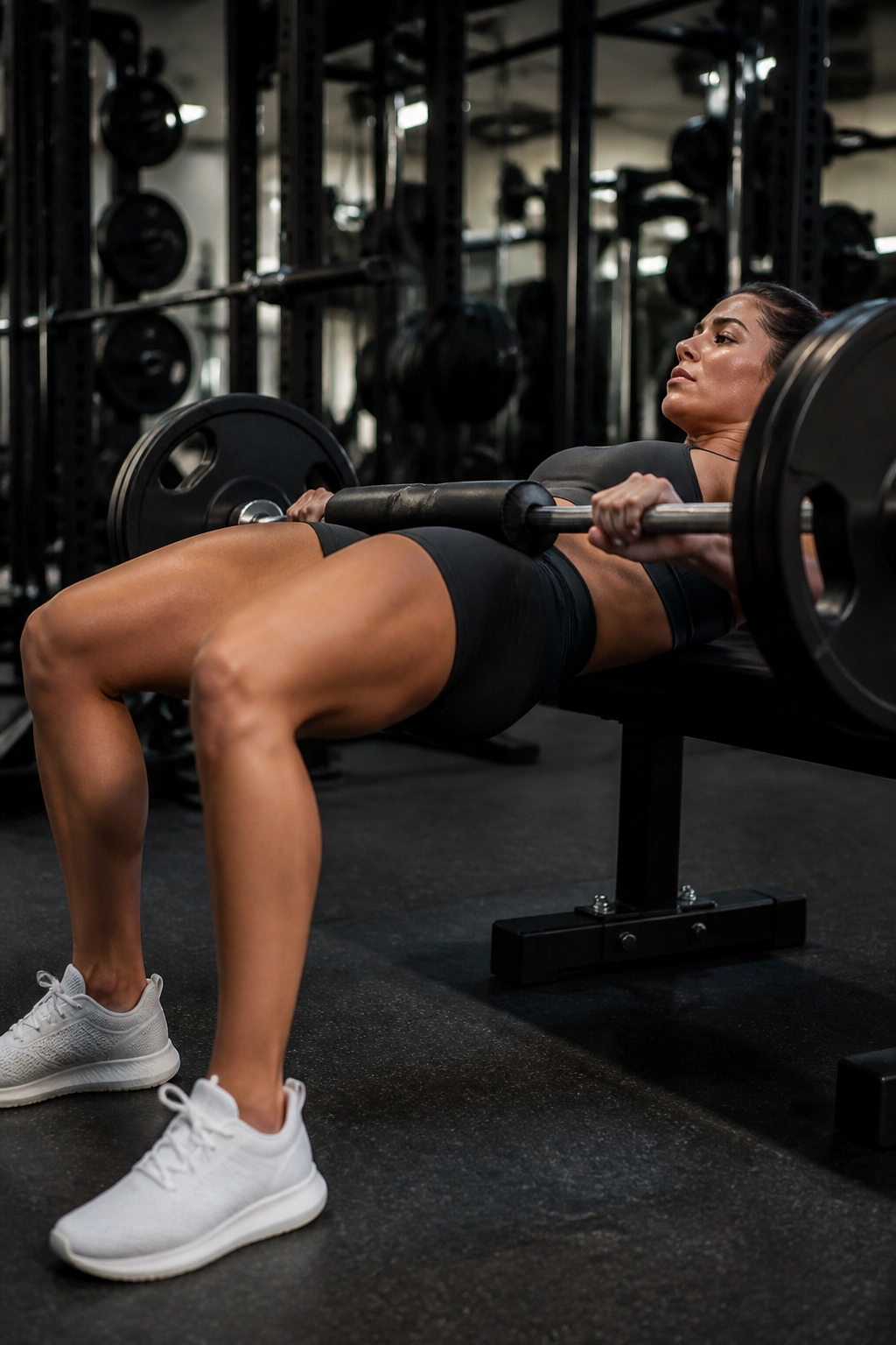Lifter doing hip thrusts on a bench highlighting glutes