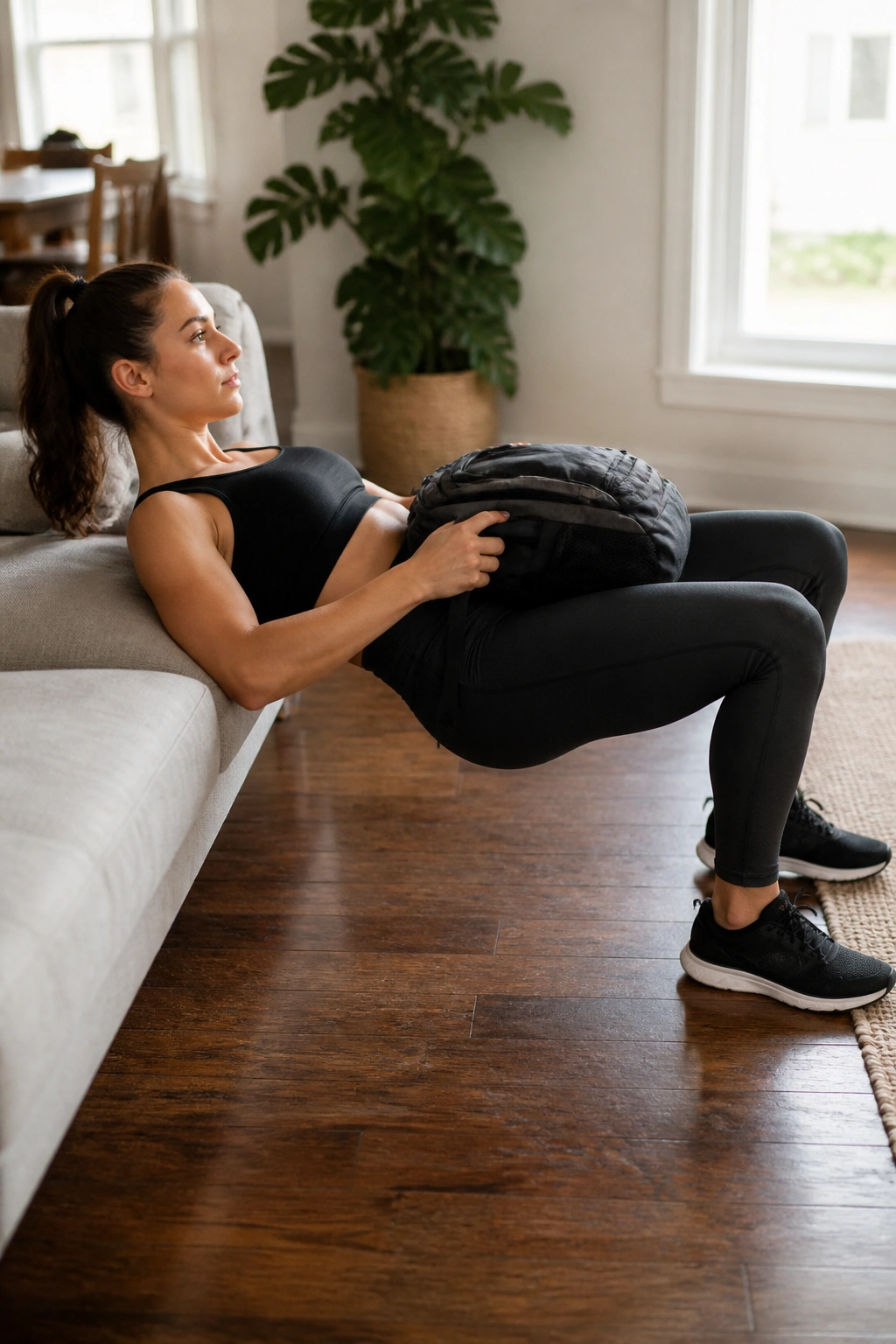 Side view of a person performing hip thrusts on a couch at home