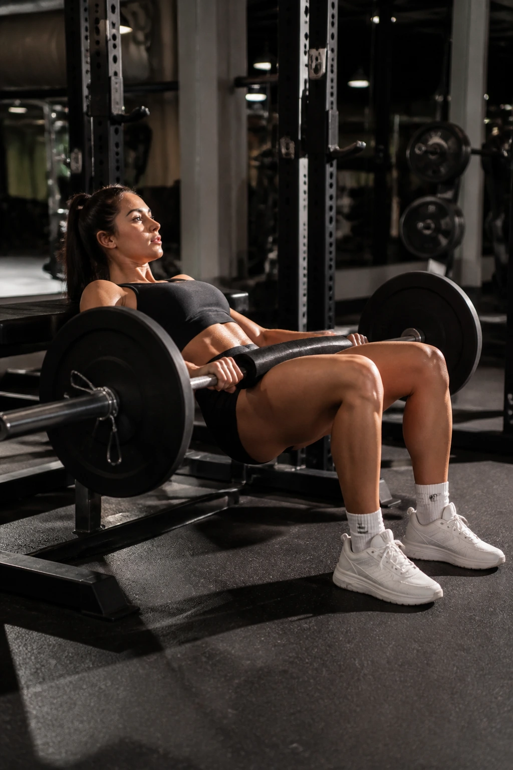 Person performing hip thrust with barbell on hips, glutes visibly contracted on a gym bench.