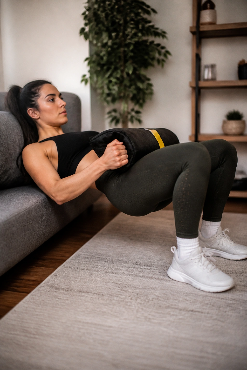 Close-up of a person performing hip thrusts with improvised weight at home