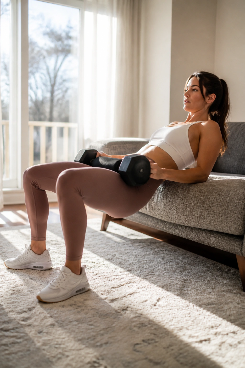 Person hip thrusting with weight across hips in a living room