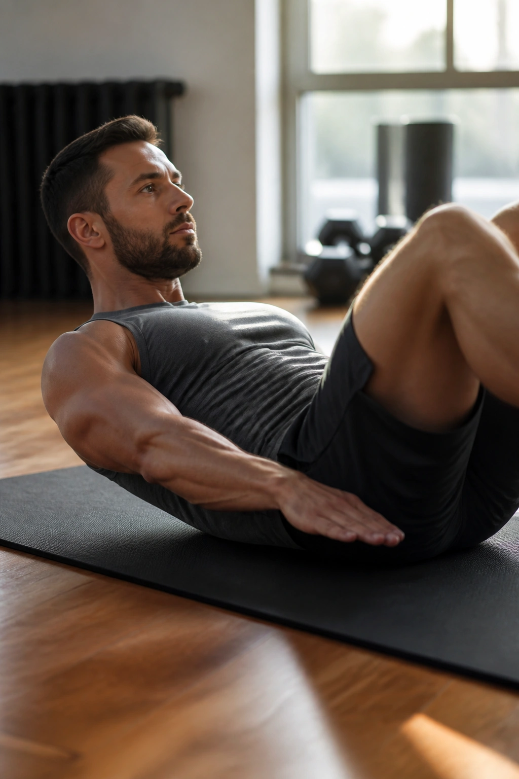 Close-up of hollow-body crunch with lower back pinned and small rib lift.