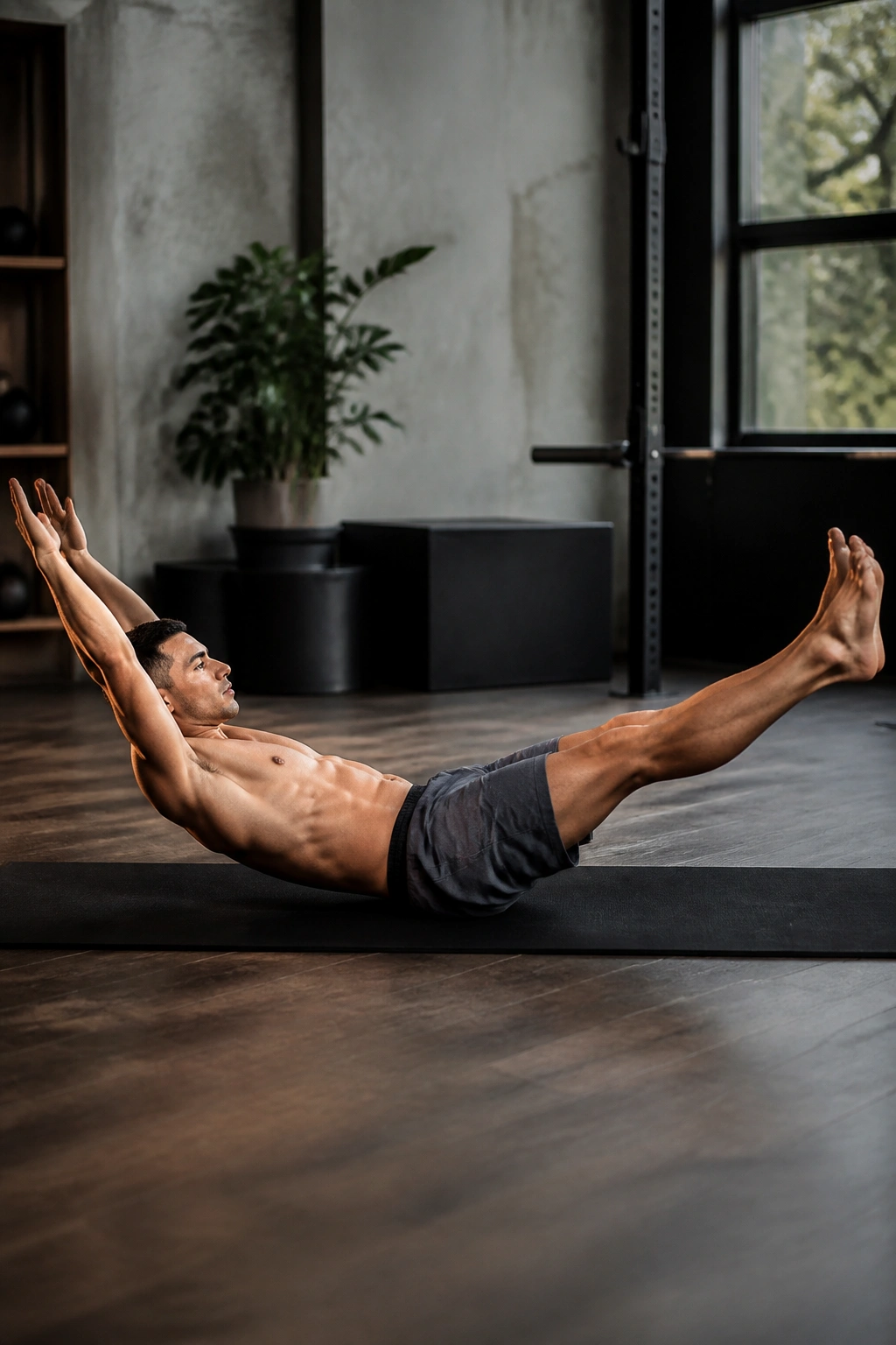 Athlete holds hollow body position on a workout mat
