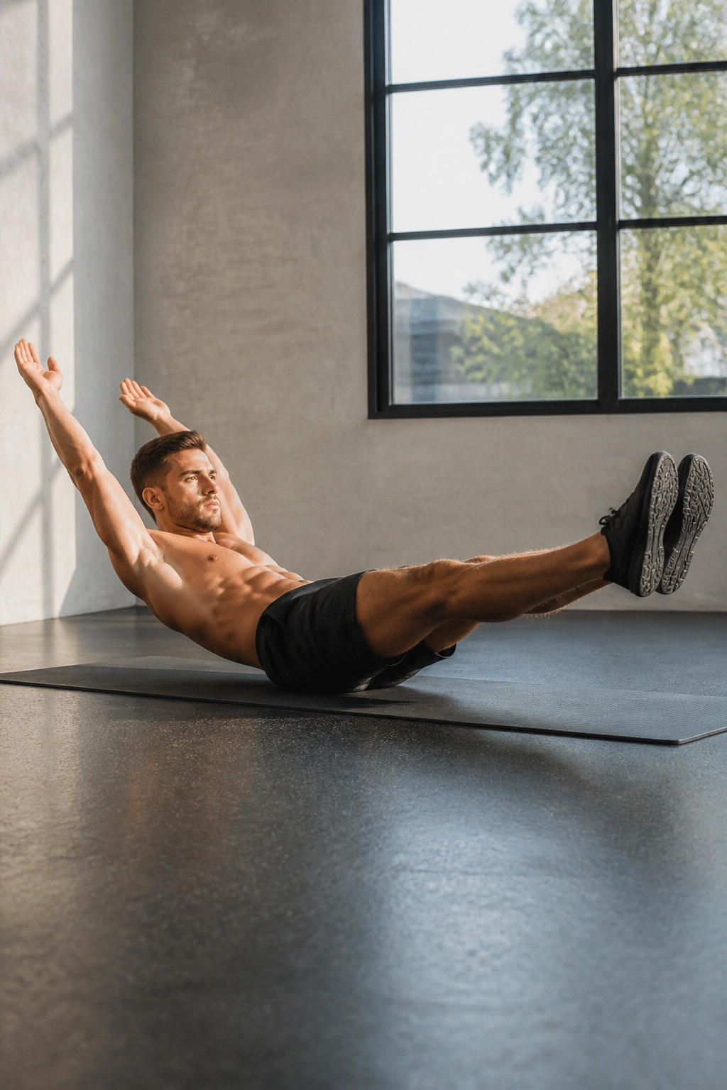 Real person in hollow body hold with arms overhead and legs off ground