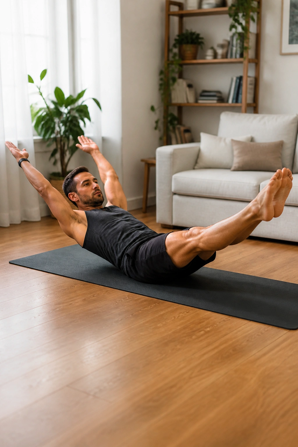 Person performing hollow body hold on mat with back pressed to floor