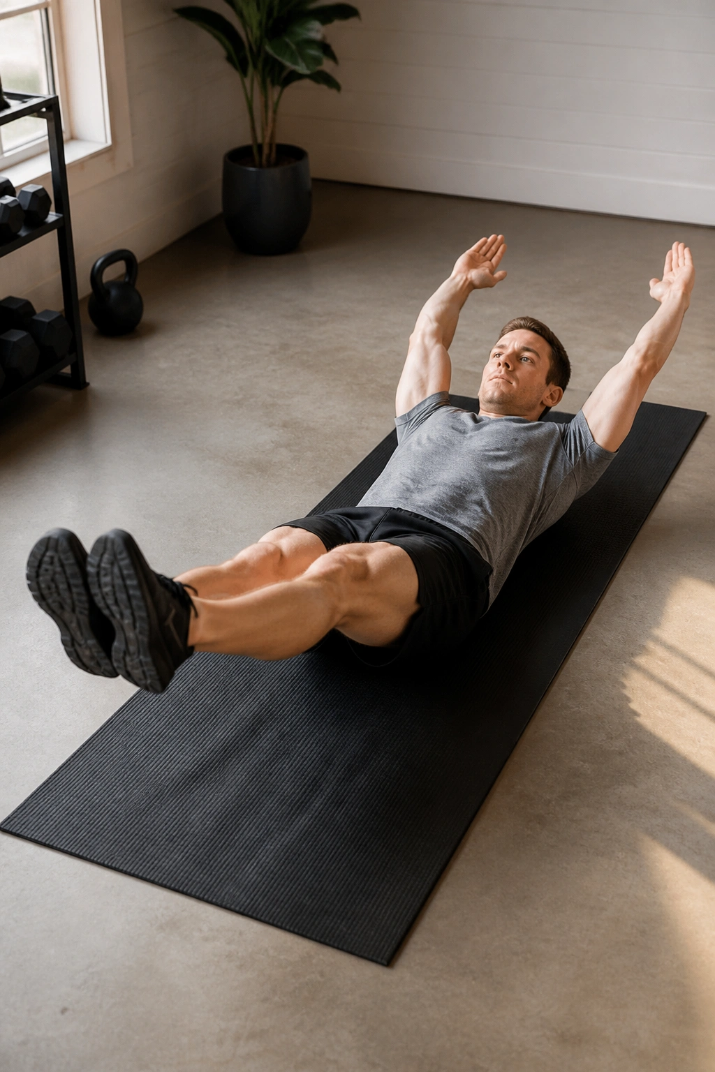 Person performing hollow body hold on mat forming a banana shape
