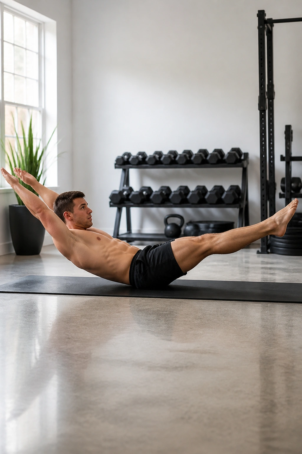 Person in hollow body hold on a mat showing the hollow shape
