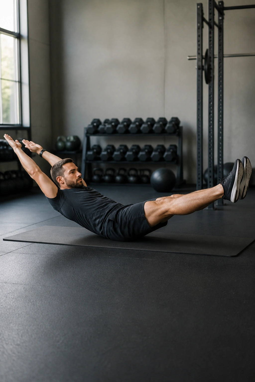 Person performing hollow body hold on a gym mat with arms and legs extended