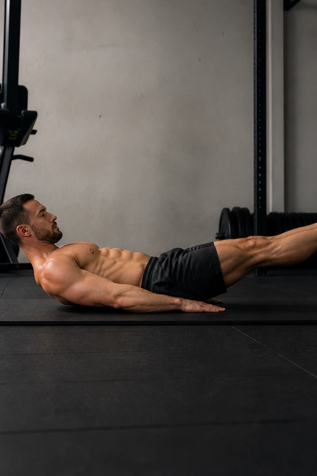 Person performing hollow body hold on a mat with back pressed to floor and legs extended