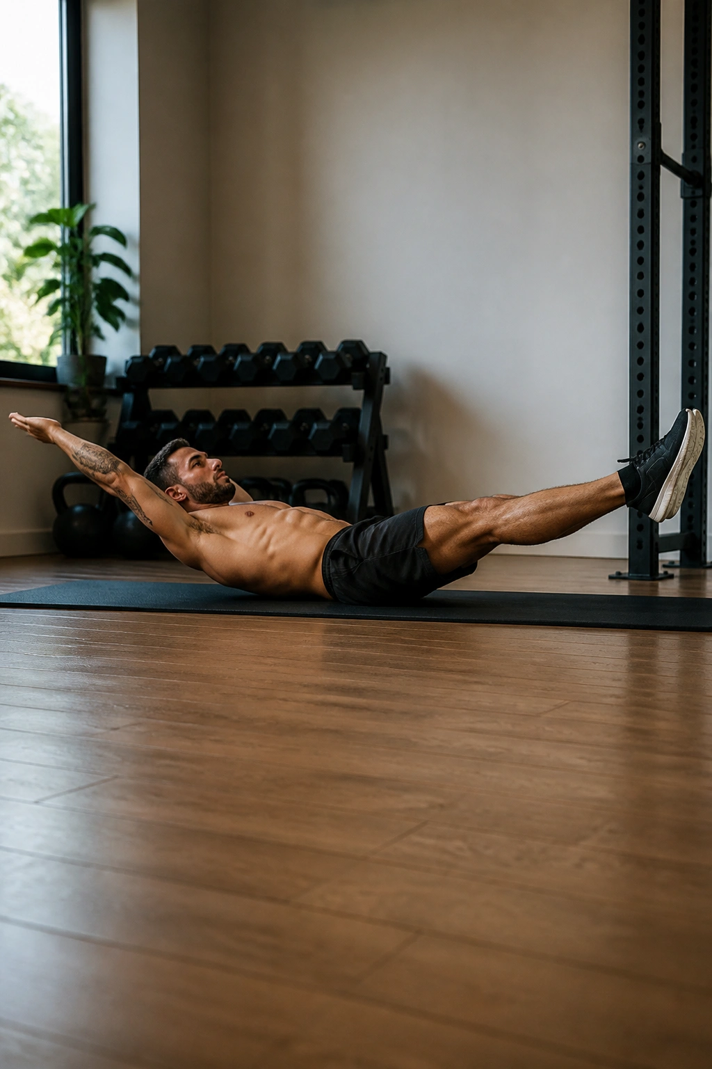 Person in hollow body position on floor showing core engagement
