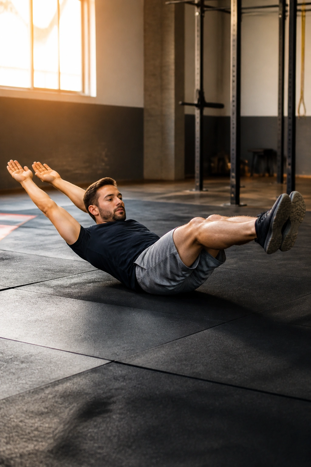 Close-up of a person performing hollow body hold on gym mat with back flat and legs raised