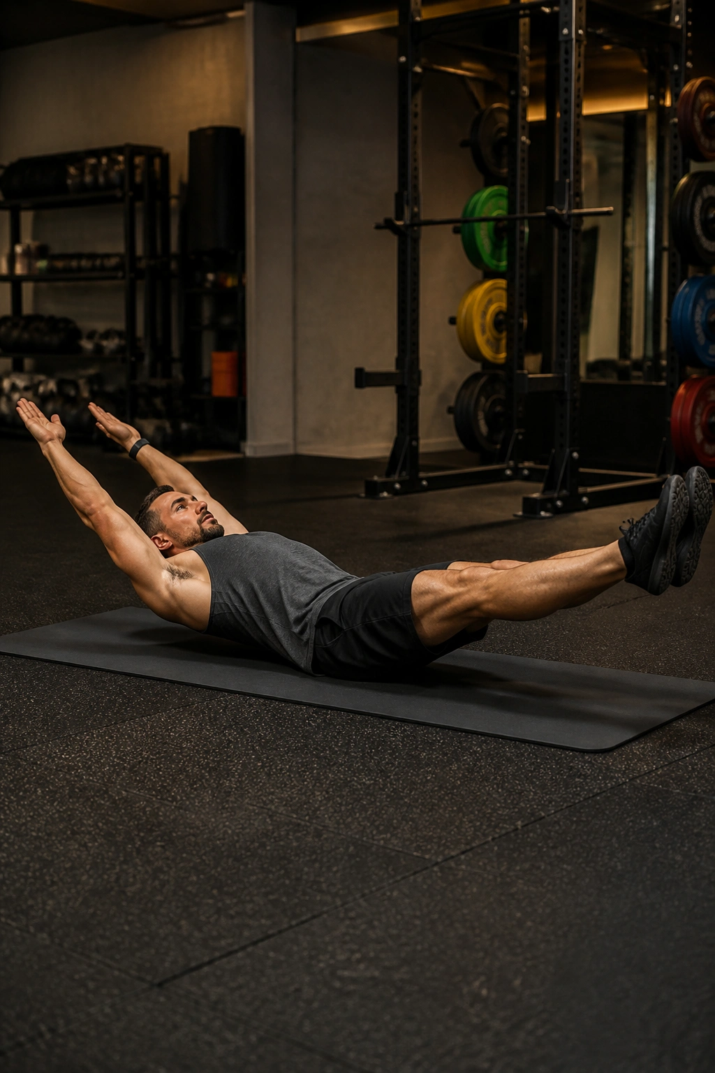 Person in hollow body hold on gym mat with back pressed and legs raised