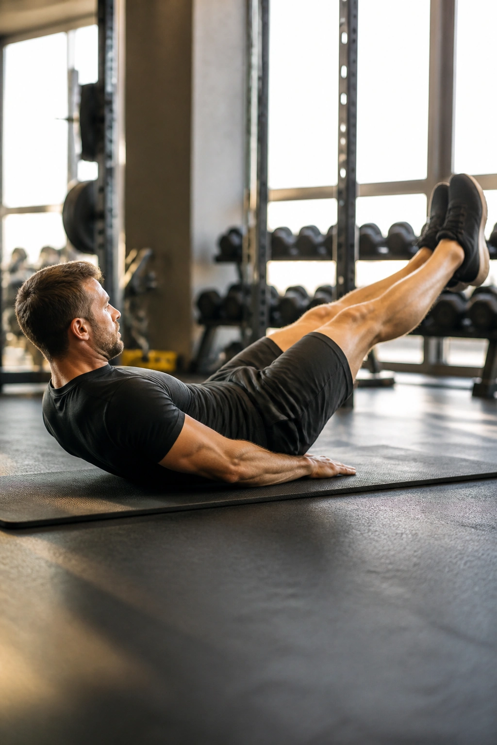 Close-up of athlete in hollow body position on gym mat.