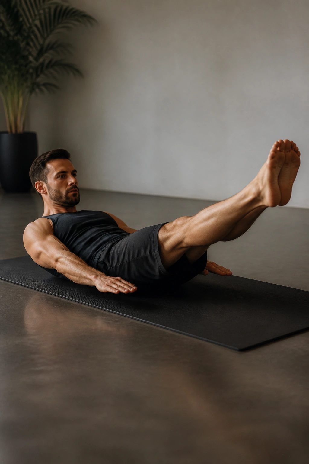 Person in hollow hold on mat with legs lifted and shoulders off floor