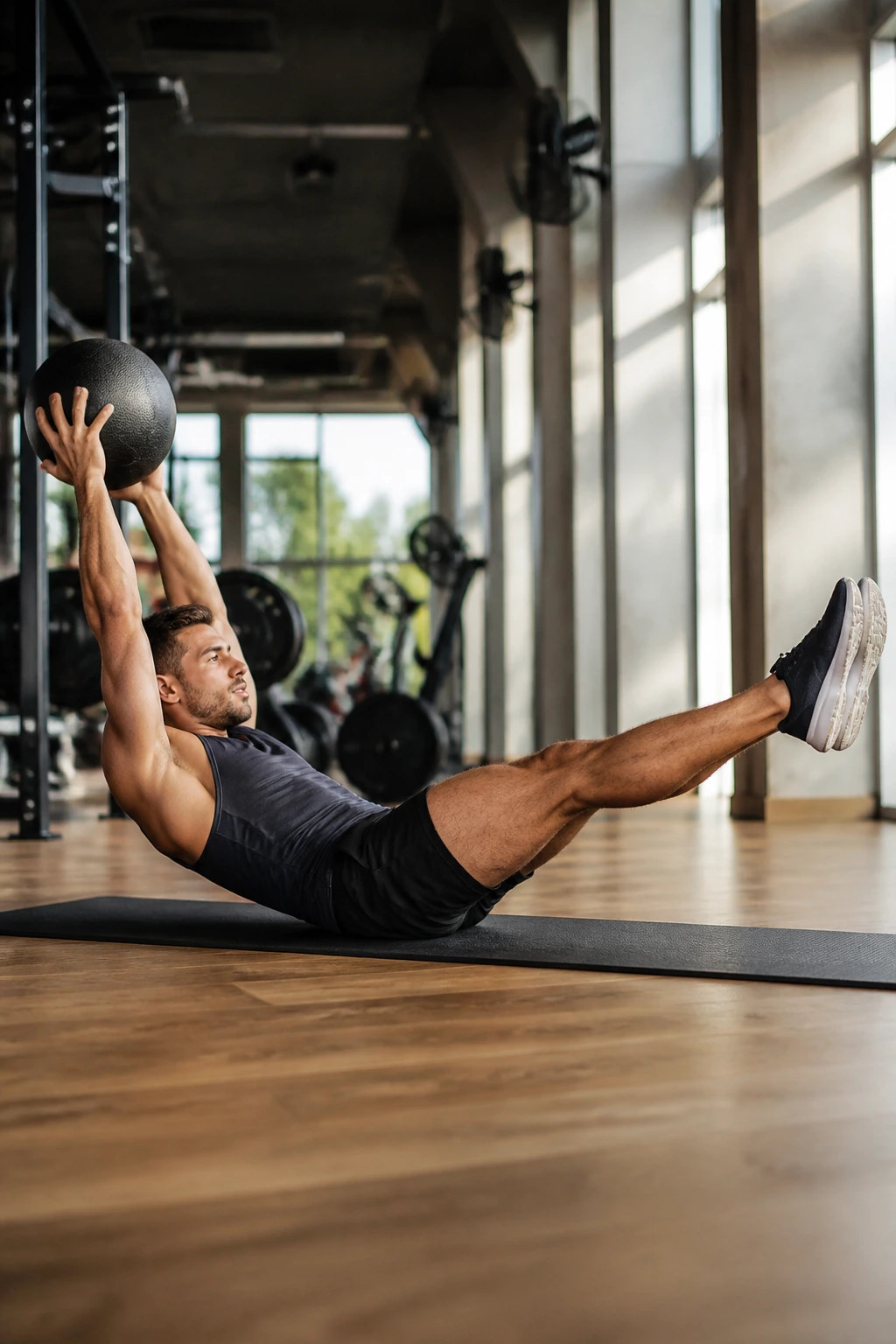 Real person performing hollow hold with medicine ball overhead on gym mat