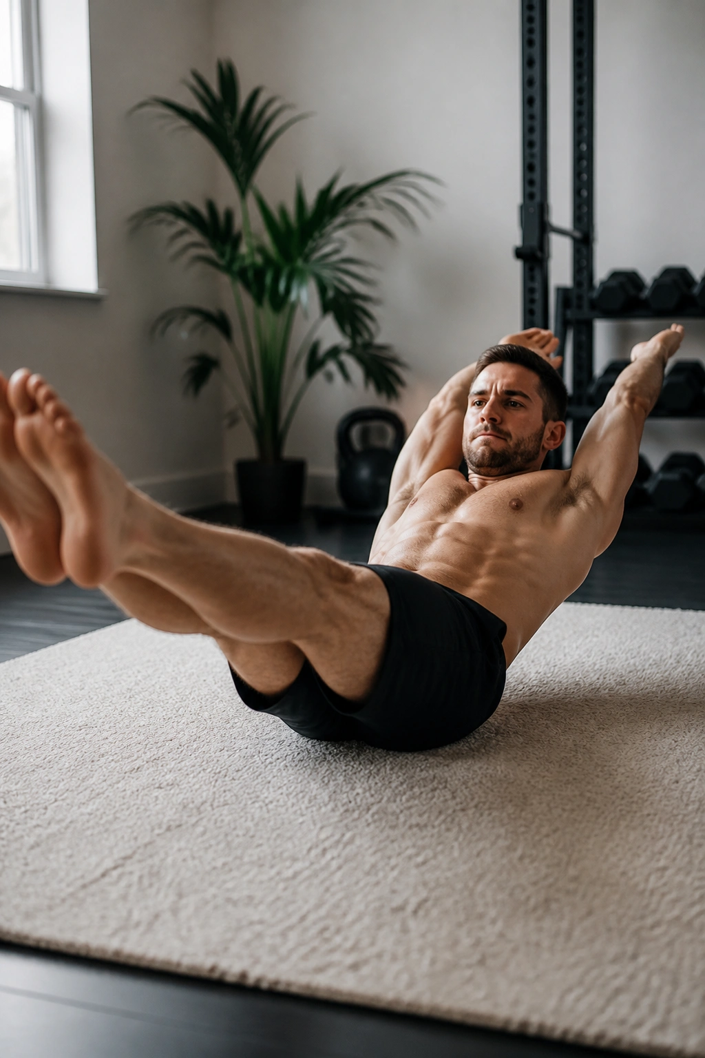 Person in Hollow Rock position showing tucked ribs and extended legs in a calm room