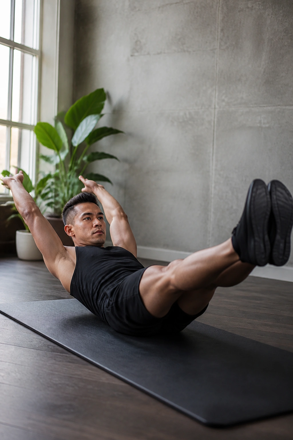 Real person performing tiny hollow rocks on a mat with core braced