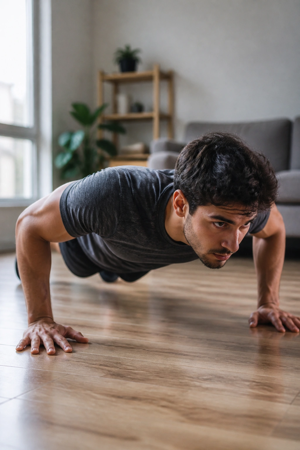 Person doing push-ups in living room with no equipment
