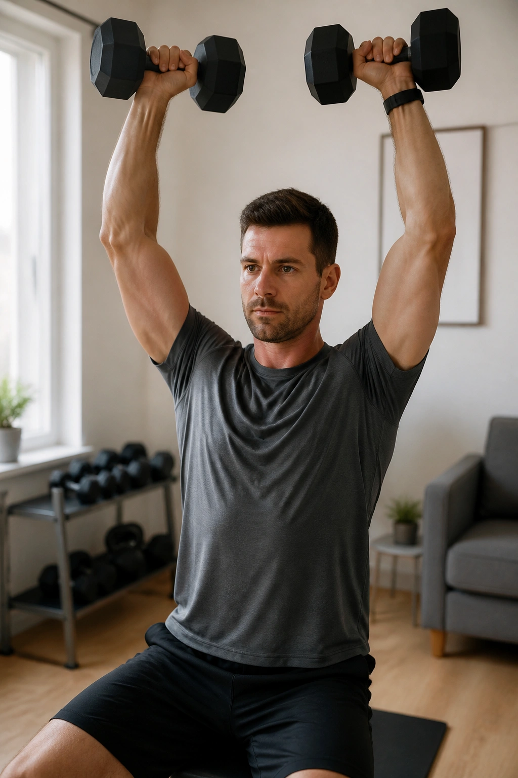 Real person doing dumbbell overhead press in a small home gym.