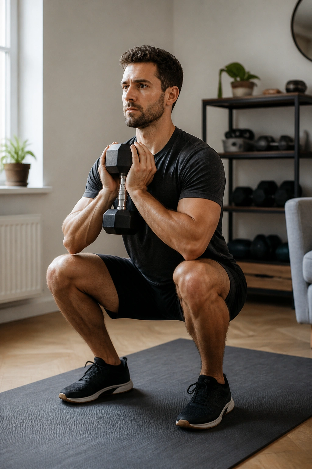 Real person performing dumbbell goblet squat at home, illustrating dumbbell-only plan